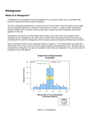 Histograms
What Is A Histogram?
A Histogram is an Analytical Tool that displays how a group of data (e.g. 30 student test
scores) is distributed from lowest to highest.
The term frequency distribution is a technical term that means "how the values of this data
set are dispersed between a minimum and maximum value." In other words, histograms
provide readers with a unique view of a data set's values and how frequently each value
appears in the set.
Histograms provide lots of information about data, much more than any analytical tool
discussed so far. Histograms are also more complex than the previous tools, but once you
understand the need for histograms, their structure becomes logical and fairly easy to follow.
Take a moment to look at the Histogram shown in Figure 1. Try to familiarize yourself with
the format of the chart, but don't worry about actually understanding it yet-- the best way to
understand a histogram is to see an example of why they are important. You will see such an
example in the next section.
Figure 1: A Histogram
 
