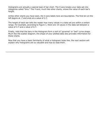 Histograms are actually a special type of bar chart. The X-axis breaks your data set into
categories called "bins." The Y-axis, much like other charts, shows the value of each bar's
height.
Unlike other charts you have seen, the X-axis labels here are boundaries. The first bin on the
left begins at .7 and ends at a value of 2.7.
The height of each bar tells the reader how many values in a data set are within a certain
range. For example, according to Figure 1, there are 19 values in the data set between a
value of 4.7 and a value of 6.7.
Finally, note that the bars in the Histogram form a sort of "pyramid" or "bell" curve shape.
Much like the scatter diagram, the shape of your plotted data also provides information for
these charts.
Now that you have a basic familiarity of what a histogram looks like, the next section will
explain why histograms are so valuable and how to read them.
 