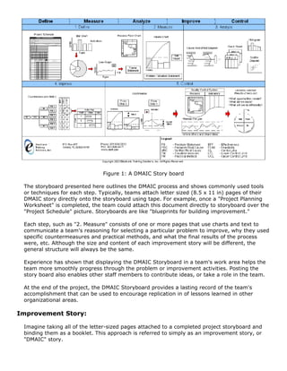 Figure 1: A DMAIC Story board
The storyboard presented here outlines the DMAIC process and shows commonly used tools
or techniques for each step. Typically, teams attach letter sized (8.5 x 11 in) pages of their
DMAIC story directly onto the storyboard using tape. For example, once a "Project Planning
Worksheet" is completed, the team could attach this document directly to storyboard over the
"Project Schedule" picture. Storyboards are like "blueprints for building improvement."
Each step, such as "2. Measure" consists of one or more pages that use charts and text to
communicate a team's reasoning for selecting a particular problem to improve, why they used
specific countermeasures and practical methods, and what the final results of the process
were, etc. Although the size and content of each improvement story will be different, the
general structure will always be the same.
Experience has shown that displaying the DMAIC Storyboard in a team's work area helps the
team more smoothly progress through the problem or improvement activities. Posting the
story board also enables other staff members to contribute ideas, or take a role in the team.
At the end of the project, the DMAIC Storyboard provides a lasting record of the team's
accomplishment that can be used to encourage replication in of lessons learned in other
organizational areas.
Improvement Story:
Imagine taking all of the letter-sized pages attached to a completed project storyboard and
binding them as a booklet. This approach is referred to simply as an improvement story, or
"DMAIC" story.
 