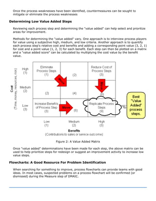 Once the process weaknesses have been identified, countermeasures can be sought to
mitigate or eliminate the process weaknesses
Determining Low Value Added Steps
Reviewing each process step and determining the "value added" can help select and prioritize
areas for improvement.
Methods for determining the "value added" vary. One approach is to interview process players
for value using a subjective high, medium, and low criteria. Another approach is to quantify
each process step's relative cost and benefits and adding a corresponding point value (3, 2, 1)
for cost and a point value (1, 2, 3) for each benefit. Each step can then be plotted on a matrix
and a "value added score" can be calculated by multiplying the cost value by the benefit
value.
Figure 2: A Value Added Matrix
Once "value added" determinations have been made for each step, the above matrix can be
used to help prioritize steps for redesign or suggest an improvement activity to increase low
value steps.
Flowcharts: A Good Resource For Problem Identification
When searching for something to improve, process flowcharts can provide teams with good
ideas. In most cases, suspected problems on a process flowchart will be confirmed (or
dismissed) during the Measure step of DMAIC.
 