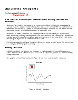 Step 1: Define - Checkpoint 2
2. An indicator measuring our performance in meeting the need was
developed.
"Indicators" are metrics (or standards of measurements) that measure the outcomes of a
process. Much like a speedometer tells you how fast you are going and if you are breaking the
speed limit, an indicator is a gauge of process performance that tells you how well a process
is performing and if its performance passes an acceptable limit.
In the case of DMAIC, indicators are used to provide measurement of your improvement
need. Remember that improvement needs must be quantifiable, or "measurable." An indicator
provides a graphic way of showing how great an improvement need is, and how much better
(or worse) an improvement need becomes over time.
If it helps, you can think of your Checkpoint 2 indicator as the overall "gauge" for determining
how well your DMAIC project is working.
Reading Indicators
Indicators and their many forms are discussed in depth throughout Process Management.
Rather than repeat an entire discussion on indicators, let's simply refresh our memory on how
to read indicators.
Line graphs, such as the one shown in Figure 1, are often used to display indicators.
Figure 1: A Quality Indicator
 