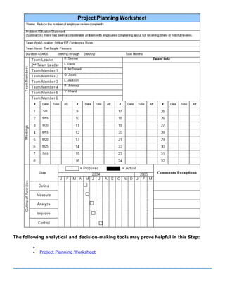 The following analytical and decision-making tools may prove helpful in this Step:
•
• Project Planning Worksheet
 