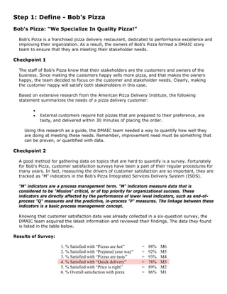 Step 1: Define - Bob's Pizza
Bob's Pizza: "We Specialize In Quality Pizza!"
Bob's Pizza is a franchised pizza delivery restaurant, dedicated to performance excellence and
improving their organization. As a result, the owners of Bob's Pizza formed a DMAIC story
team to ensure that they are meeting their stakeholder needs.
Checkpoint 1
The staff of Bob's Pizza know that their stakeholders are the customers and owners of the
business. Since making the customers happy sells more pizza, and that makes the owners
happy, the team decided to focus on the customer and stakeholder needs. Clearly, making
the customer happy will satisfy both stakeholders in this case.
Based on extensive research from the American Pizza Delivery Institute, the following
statement summarizes the needs of a pizza delivery customer:
•
• External customers require hot pizzas that are prepared to their preference, are
tasty, and delivered within 30 minutes of placing the order.
Using this research as a guide, the DMAIC team needed a way to quantify how well they
are doing at meeting these needs. Remember, improvement need must be something that
can be proven, or quantified with data.
Checkpoint 2
A good method for gathering data on topics that are hard to quantify is a survey. Fortunately
for Bob's Pizza, customer satisfaction surveys have been a part of their regular procedures for
many years. In fact, measuring the drivers of customer satisfaction are so important, they are
tracked as "M" indicators in the Bob's Pizza Integrated Services Delivery System (ISDS).
"M" indicators are a process management term. "M" indicators measure data that is
considered to be "Mission" critical, or of top priority for organizational success. These
indicators are directly affected by the performance of lower level indicators, such as end-of-
process "Q" measures and the predictive, in-process "P" measures. The linkage between these
indicators is a basic process management concept.
Knowing that customer satisfaction data was already collected in a six-question survey, the
DMAIC team acquired the latest information and reviewed their findings. The data they found
is listed in the table below.
Results of Survey:
1. % Satisfied with “Pizzas are hot” = 88% M6
2. % Satisfied with “Prepared your way” = 92% M5
3. % Satisfied with “Pizzas are tasty” = 93% M4
4. % Satisfied with “Quick delivery” = 78% M3
5. % Satisfied with “Price is right” = 89% M2
6. % Overall satisfaction with pizza = 86% M1
 