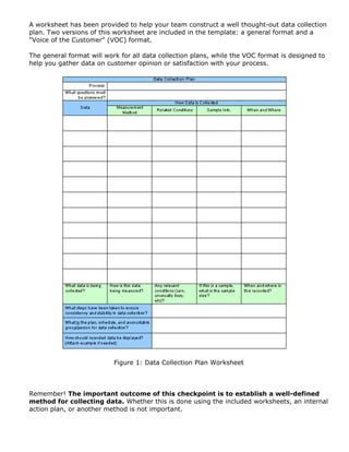 A worksheet has been provided to help your team construct a well thought-out data collection
plan. Two versions of this worksheet are included in the template: a general format and a
"Voice of the Customer" (VOC) format.
The general format will work for all data collection plans, while the VOC format is designed to
help you gather data on customer opinion or satisfaction with your process.
Figure 1: Data Collection Plan Worksheet
Remember! The important outcome of this checkpoint is to establish a well-defined
method for collecting data. Whether this is done using the included worksheets, an internal
action plan, or another method is not important.
 