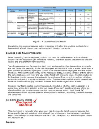 Figure 1: A Countermeasures Matrix
Completing the countermeasures matrix is possible only after the practical methods have
been added. We will discuss practical methods in the next checkpoint.
Devising Good Countermeasures
When discussing countermeasures, a distinction must be made between actions taken to
quickly "fix" the root cause (an immediate remedy), and those actions that eliminate the root
causes and prevent them from recurring.
Too often organizations focus on the short term solution rather than taking steps to remedy
the root cause. For example, if a lack of employees with technical skills is a root cause, then a
poor solution would be to layoff your current staff and rehire new employees with the proper
skill base. Although this action may fix the root cause today, it is only a matter of time before
the same root cause will recur and you will be faced with the same issue. A better solution is
to develop a countermeasure that prevents the root cause from recurring, such as initiating
an employee training program or training center. Countermeasures that actually prevent root
cause recurrence usually pay dividends in other areas of the organization as well.
However your team creates countermeasures, be mindful of whether each suggestion is a
quick fix or a long-term solution to the root cause. If you can't decide which are which, go
ahead and list your countermeasure on the countermeasure matrix. Most "quick fix"
countermeasures will become apparent when practical methods, feasibility, and effectiveness
are considered.
This checkpoint is complete when your team has developed a list of countermeasures that
focus on effective and sustained elimination of your root causes. In most cases, you should
begin constructing a countermeasures matrix in this Checkpoint. You will finalize your matrix
in Checkpoint 18.
Example:
 