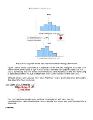 Figure 1: Example Of Before And After Improvement Using A Histogram
Figure 1 above shows an illustrative example of how the shift of a histogram mean can show
improvement. In this case, a high number of route minutes were determined to be a root
cause. By tracking this data before countermeasures were implemented and then comparing
to data collected after roll out, the team can show a 20% reduction in the root cause.
Although a histogram was used here, other Analytical Tools or graphs that show comparative
data could also have been used.
This checkpoint is complete when you have demonstrated, with data, that the
countermeasures have had effects on the root causes. You should also quantify these effects,
if possible.
Example:
 