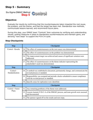 Step 5 - Summary
Objective:
Evaluate the results by confirming that the countermeasures taken impacted the root cause,
the problem, and the theme; and that the target has been met. Standardize new methods,
communicate lessons learned, and recommend future plans.
During this step, your DMAIC team "Controls" their outcomes by verifying and understanding
results, putting measures in place to standardize countermeasures and maintain gains, and
devising "next steps" to support the P-D-C-A cycle.
Step Checkpoints
Step Checkpoint
24. The effect of countermeasures on the root causes was demonstrated.
25. The effect of countermeasures on the problem was demonstrated.
26. The improvement target was achieved and causes of significant variation were
addressed.
Control - Results
27. The effect of countermeasures on the theme indicator representing the
stakeholder's need was demonstrated.
Step Checkpoint
28. A method was established to document, permanently change, and communicate the
revised process or standard.
29. Responsibility was assigned and periodic checks scheduled to ensure compliance
with the revised process or standard.
Control -
Standardization
30. Specific areas for replication were identified.
Step Checkpoint
31. Any remaining problems of the theme were addressed.
32. Lessons learned, P-D-C-A of the DMAIC process, and team growth were assessed
and documented.
Control - Future
Plans
33. The sponsor signed off on the results and next steps.
 