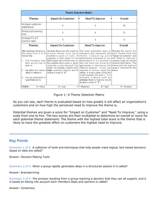 Figure 1: A Theme Selection Matrix
As you can see, each theme is evaluated based on how greatly it will affect an organization's
customers and on how high the perceived need to improve the theme is.
Potential themes are given a score for "Impact on Customer" and "Need To Improve," using a
scale from one to five. The two scores are then multiplied to determine an overall or score for
each potential theme statement. The theme with the highest total score is the theme that is
likely to have the greatest effect on customers the highest need to improve.
Key Points
Summary 1 of 4: A collection of tools and techniques that help people make logical, fact-based decisions
based on data are called?
Answer: Decision Making Tools
Summary 2 of 4: When a group rapidly generates ideas in a structured session it is called?
Answer: Brainstorming
Summary 3 of 4: The process resulting from a group reaching a decision that they can all support, and it
is based on taking into account each members ideas and opinions is called?
Answer: Consensus
 