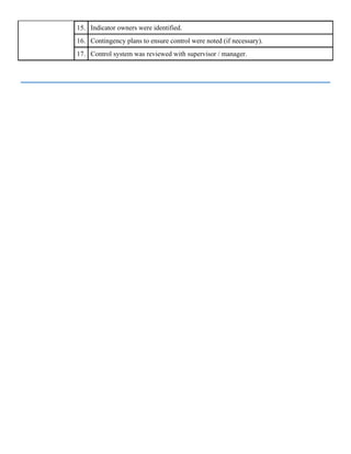 15. Indicator owners were identified.
16. Contingency plans to ensure control were noted (if necessary).
17. Control system was reviewed with supervisor / manager.
 