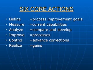 SIX CORE ACTIONS Define  =process improvement goals Measure  =current capabilities Analyze  =compare and develop Improve  =processes Control  =advance corrections Realize  =gains  