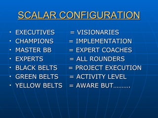 SCALAR CONFIGURATION EXECUTIVES  = VISIONARIES CHAMPIONS  = IMPLEMENTATION MASTER BB  = EXPERT COACHES  EXPERTS  = ALL ROUNDERS BLACK BELTS  = PROJECT EXECUTION GREEN BELTS  = ACTIVITY LEVEL YELLOW BELTS  = AWARE BUT………. 