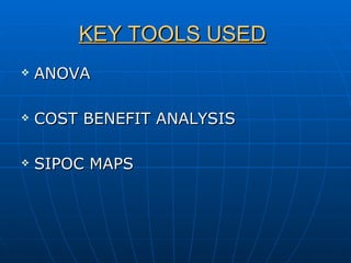 KEY TOOLS USED   ANOVA COST BENEFIT ANALYSIS SIPOC MAPS 