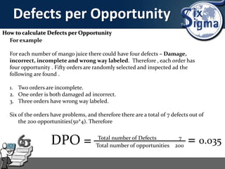 Defects per Opportunity
How to calculate Defects per Opportunity
For example
For each number of mango juice there could have four defects – Damage,
incorrect, incomplete and wrong way labeled. Therefore , each order has
four opportunity . Fifty orders are randomly selected and inspected ad the
following are found .
1. Two orders are incomplete.
2. One order is both damaged ad incorrect.
3. Three orders have wrong way labeled.
Six of the orders have problems, and therefore there are a total of 7 defects out of
the 200 opportunities(50*4). Therefore
DPO = Total number of Defects 7
Total number of opportunities 200
= 0.035
 