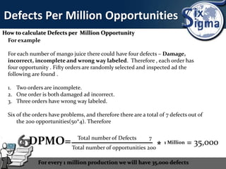 Defects Per Million Opportunities
How to calculate Defects per Million Opportunity
For example
For each number of mango juice there could have four defects – Damage,
incorrect, incomplete and wrong way labeled. Therefore , each order has
four opportunity . Fifty orders are randomly selected and inspected ad the
following are found .
1. Two orders are incomplete.
2. One order is both damaged ad incorrect.
3. Three orders have wrong way labeled.
Six of the orders have problems, and therefore there are a total of 7 defects out of
the 200 opportunities(50*4). Therefore
DPMO= Total number of Defects 7
Total number of opportunities 200
= 35,000* 1 Million
For every 1 million production we will have 35,000 defects
 