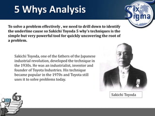 5 Whys Analysis
To solve a problem effectively , we need to drill down to identify
the underline cause so Sakichi Toyoda 5 why’s techniques is the
simple but very powerful tool for quickly uncovering the root of
a problem.
Sakichi Toyoda, one of the fathers of the Japanese
industrial revolution, developed the technique in
the 1930s. He was an industrialist, inventor and
founder of Toyota Industries. His technique
became popular in the 1970s and Toyota still
uses it to solve problems today.
Sakichi Toyoda
 
