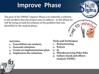 Improve Phase
The goal of the DMAIC improve Phase is to indentify a solution
to the problem that the project aims to address. In this phase we
will be trying to look for solution of the problem that was
identified in the analysis phase.
Activities
1. Consolidate our analysis.
2. Generate solutions
3. Create an implementation plan.
4. Implement the solutions.
Tools and Techniques
1. Brainstorming
2. Kaizen
3. 5s
4. Mistake proving Poke Yoke
5. Failure mood and effects
analysis (FEME).
 