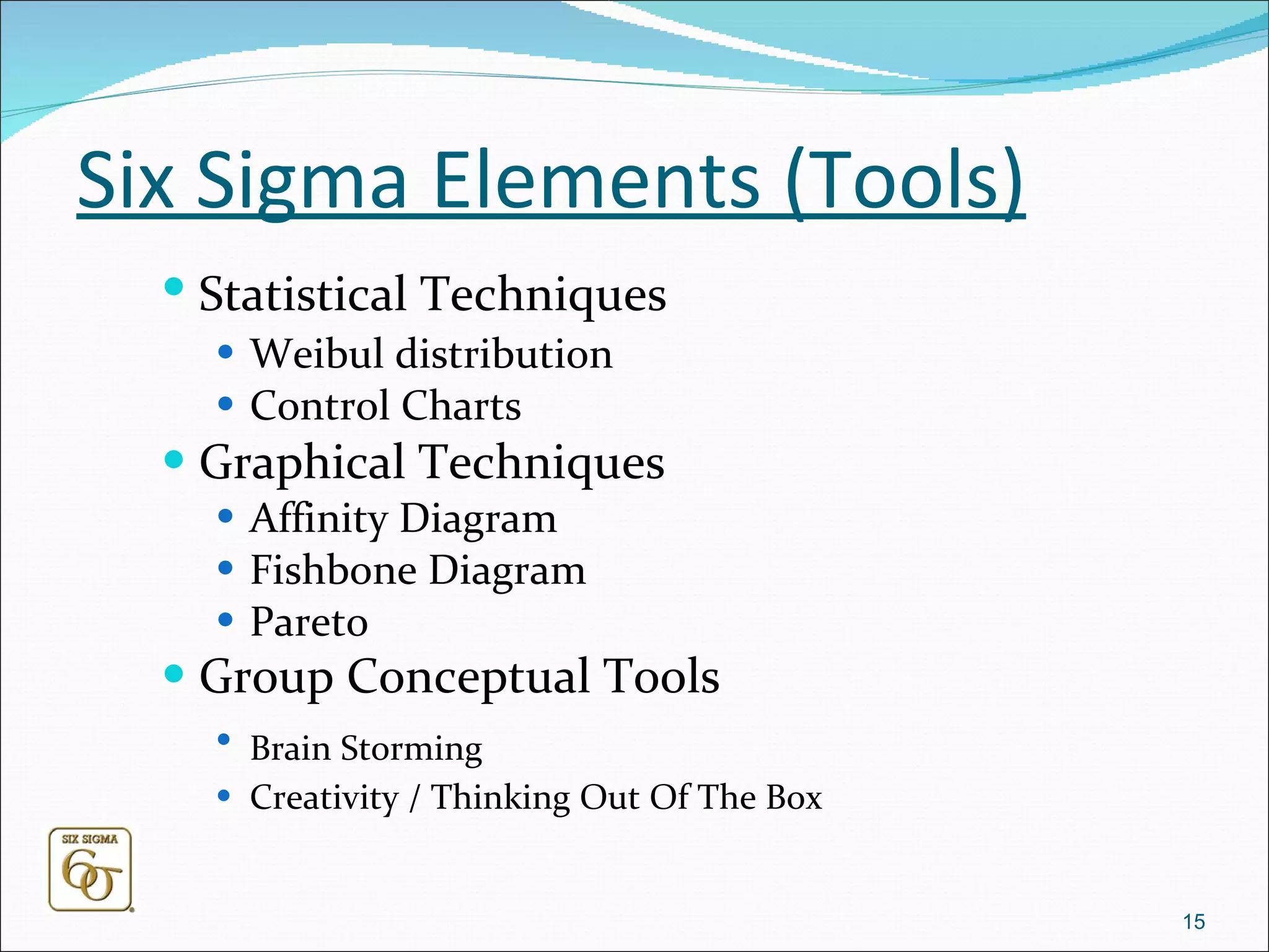 Six Sigma Elements (Tools) Statistical Techniques   Weibul distribution Control Charts Graphical Techniques Affinity Diagram Fishbone Diagram Pareto Group Conceptual Tools   Brain Storming Creativity / Thinking Out Of The Box 