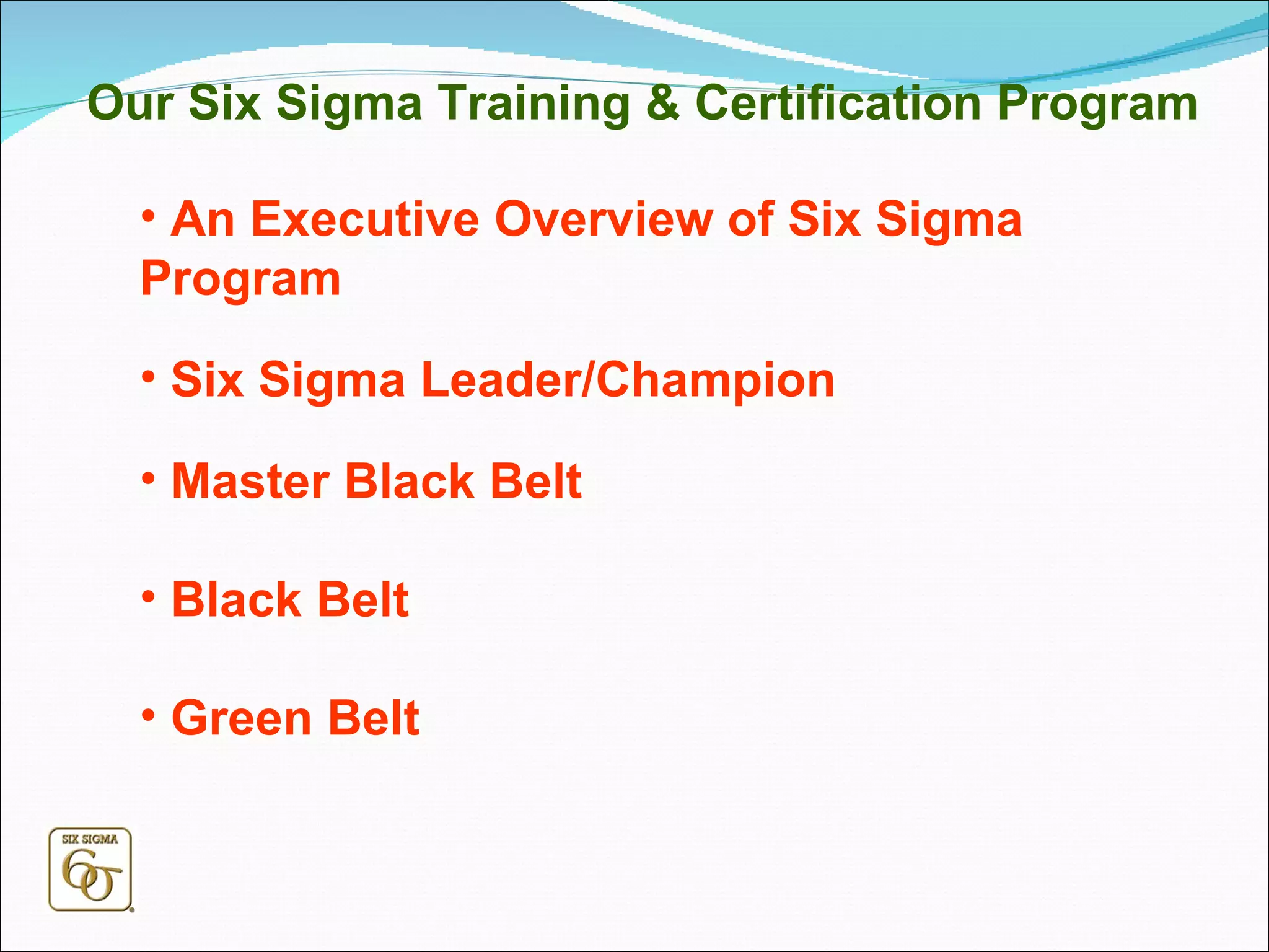 Our Six Sigma Training & Certification Program An Executive Overview of Six Sigma Program Six Sigma Leader/Champion Master Black Belt Black Belt Green Belt 