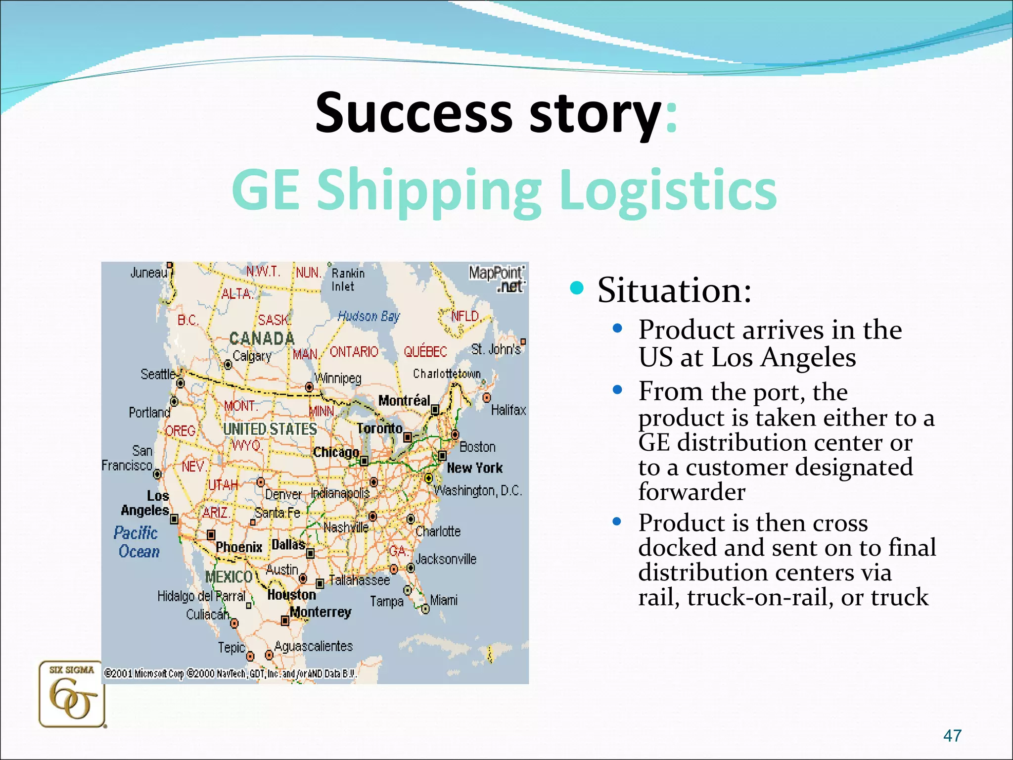 Success story :  GE Shipping Logistics Situation: Product arrives in the US at Los Angeles From  the port, the product is taken either to a GE distribution center or to a customer designated forwarder Product is then cross docked and sent on to final distribution centers via rail, truck-on-rail, or truck 