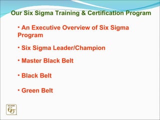 Our Six Sigma Training & Certification Program An Executive Overview of Six Sigma Program Six Sigma Leader/Champion Master Black Belt Black Belt Green Belt 