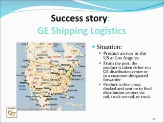 Success story :  GE Shipping Logistics Situation: Product arrives in the US at Los Angeles From  the port, the product is taken either to a GE distribution center or to a customer designated forwarder Product is then cross docked and sent on to final distribution centers via rail, truck-on-rail, or truck 
