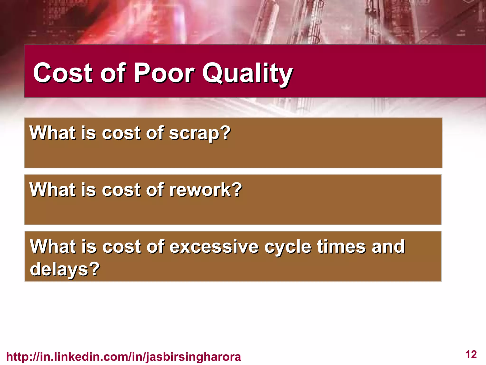 Cost of Poor Quality What is cost of scrap? What is cost of rework? What is cost of excessive cycle times and delays? 