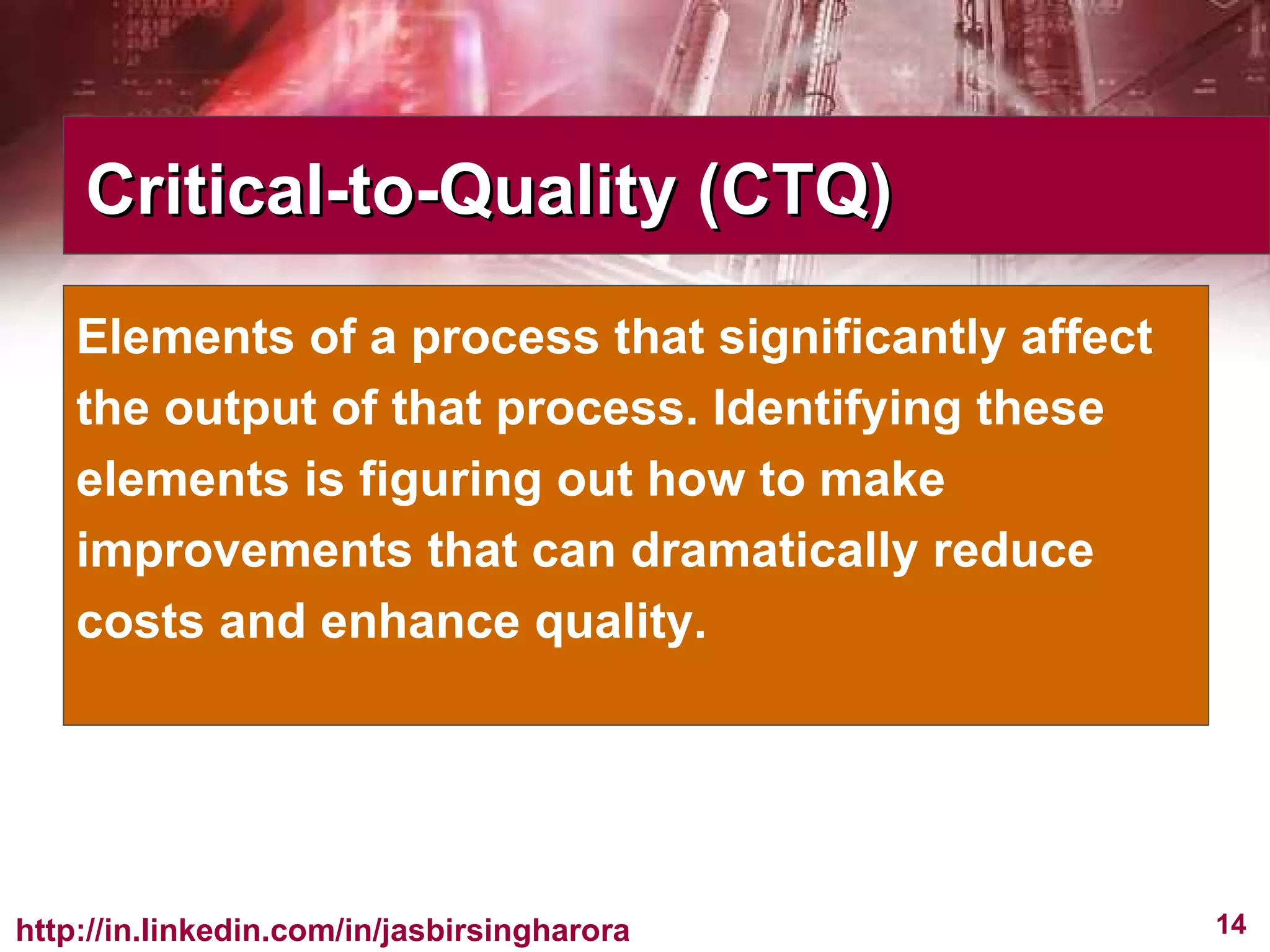 Critical-to-Quality (CTQ) Elements of a process that significantly affect the output of that process. Identifying these elements is figuring out how to make improvements that can dramatically reduce costs and enhance quality. 