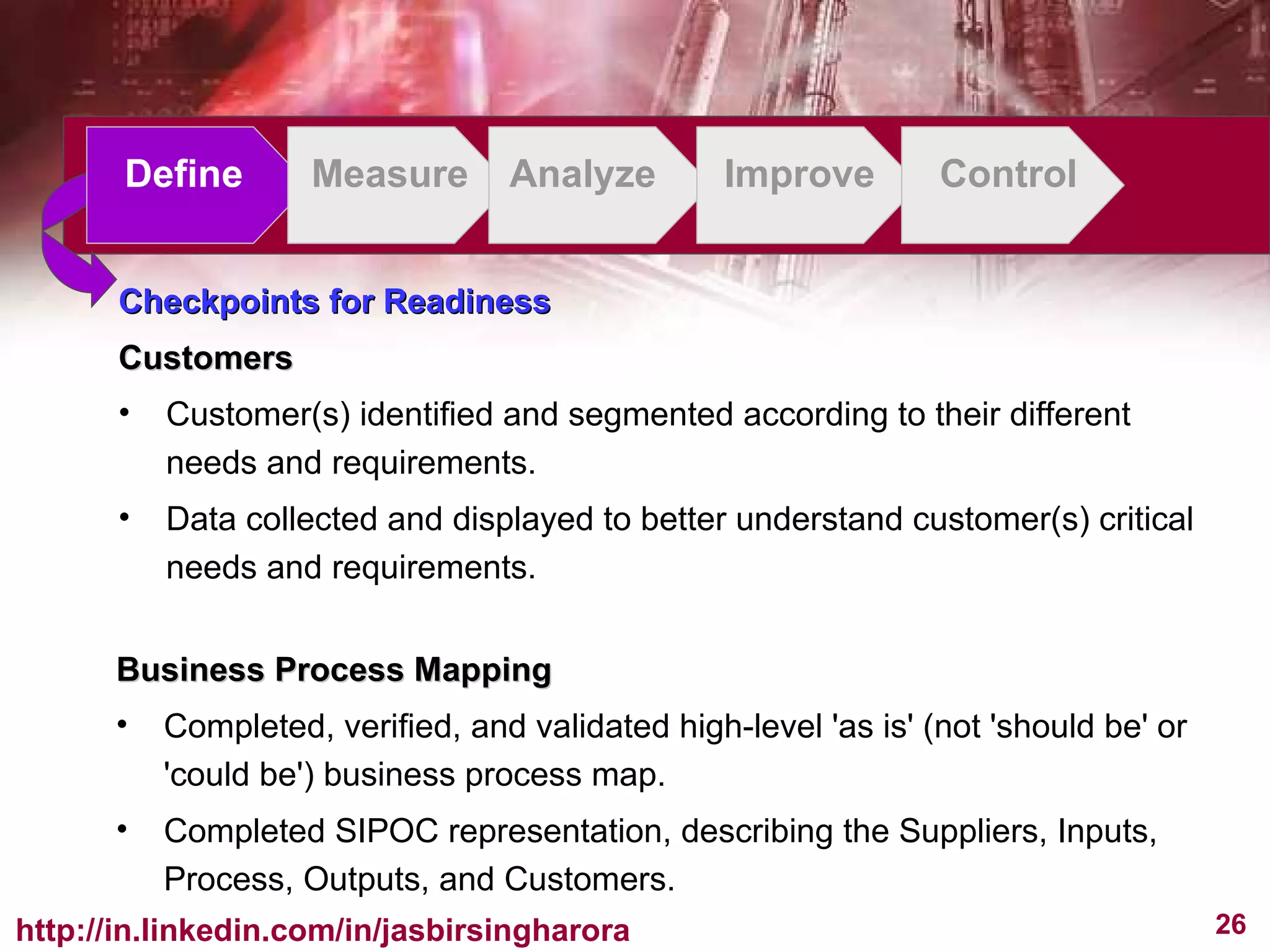 Define Measure Analyze Improve Control Checkpoints for Readiness Customers Customer(s) identified and segmented according to their different needs and requirements. Data collected and displayed to better understand customer(s) critical needs and requirements. Business Process Mapping Completed, verified, and validated high-level 'as is' (not 'should be' or 'could be') business process map. Completed SIPOC representation, describing the Suppliers, Inputs, Process, Outputs, and Customers. 