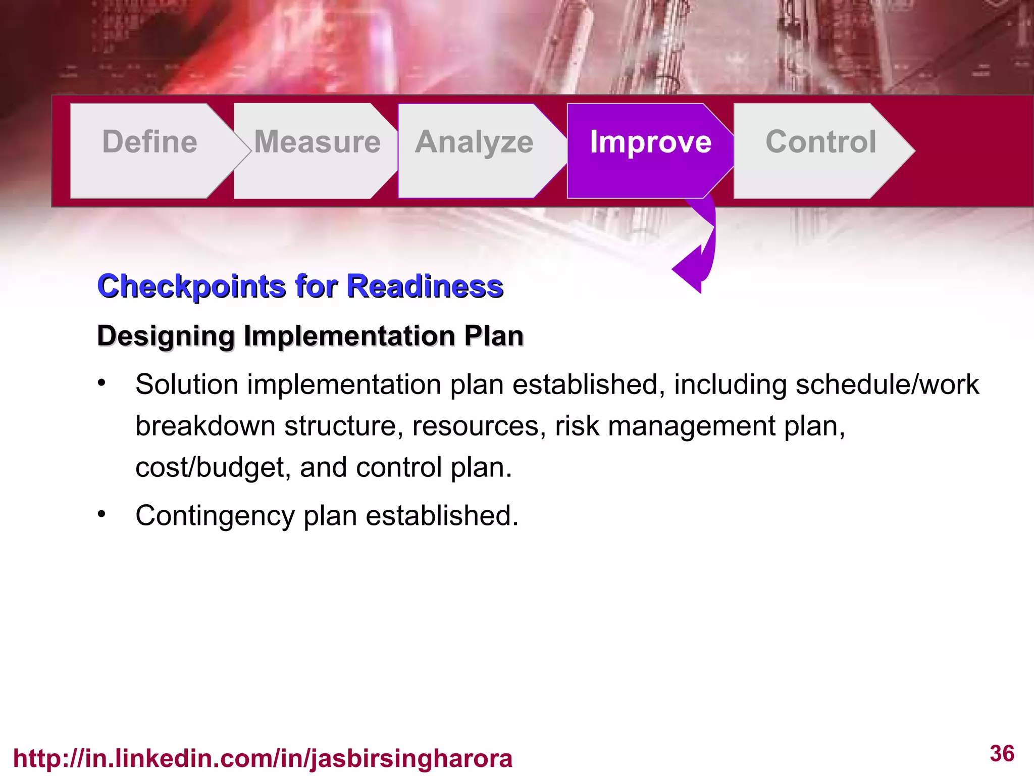 Define Measure Analyze Improve Control Checkpoints for Readiness Designing Implementation Plan Solution implementation plan established, including schedule/work breakdown structure, resources, risk management plan, cost/budget, and control plan. Contingency plan established. 