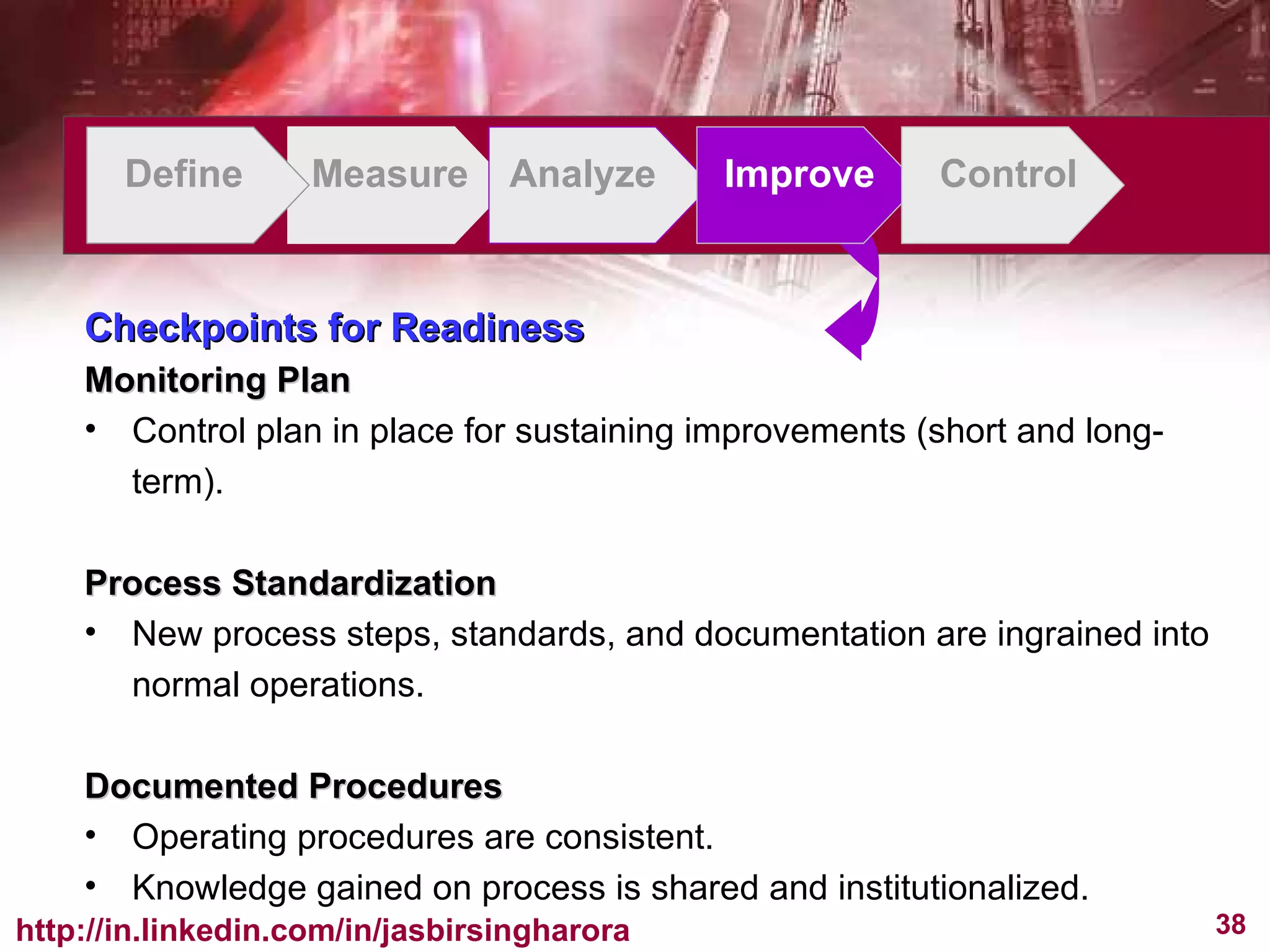 Define Measure Analyze Improve Control Checkpoints for Readiness Monitoring Plan Control plan in place for sustaining improvements (short and long-term). Process Standardization New process steps, standards, and documentation are ingrained into normal operations. Documented Procedures Operating procedures are consistent. Knowledge gained on process is shared and institutionalized. 