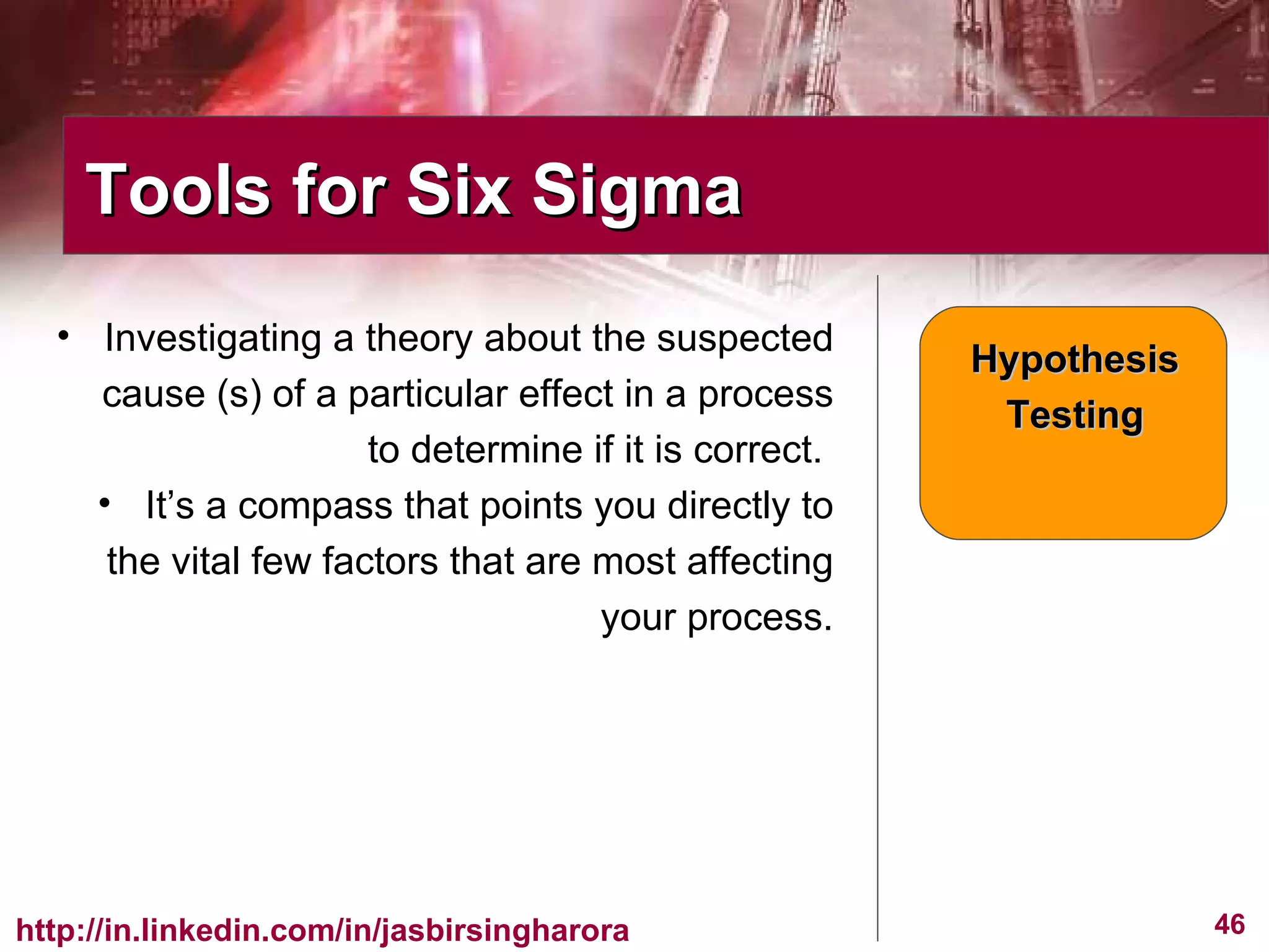 Investigating a theory about the suspected cause (s) of a particular effect in a process to determine if it is correct.  It’s a compass that points you directly to the vital few factors that are most affecting your process. Tools for Six Sigma  Hypothesis Testing 