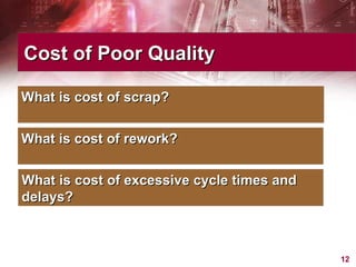 Cost of Poor Quality What is cost of scrap? What is cost of rework? What is cost of excessive cycle times and delays? 