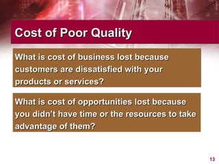 Cost of Poor Quality What is cost of business lost because customers are dissatisfied with your products or services? What is cost of opportunities lost because you didn’t have time or the resources to take advantage of them? 