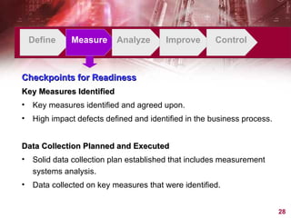 Define Measure Analyze Improve Control Checkpoints for Readiness Key Measures Identified Key measures identified and agreed upon. High impact defects defined and identified in the business process. Data Collection Planned and Executed Solid data collection plan established that includes measurement systems analysis. Data collected on key measures that were identified. 