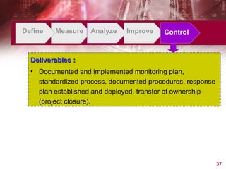 Define Measure Analyze Improve Control Deliverables : Documented and implemented monitoring plan, standardized process, documented procedures, response plan established and deployed, transfer of ownership (project closure).  