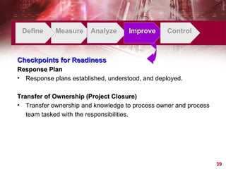 Define Measure Analyze Improve Control Checkpoints for Readiness Response Plan Response plans established, understood, and deployed. Transfer of Ownership (Project Closure) Transfer ownership and knowledge to process owner and process team tasked with the responsibilities. 