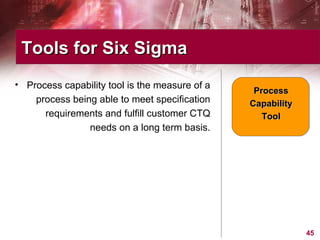 Process capability tool is the measure of a process being able to meet specification requirements and fulfill customer CTQ needs on a long term basis. Tools for Six Sigma  Process Capability Tool 