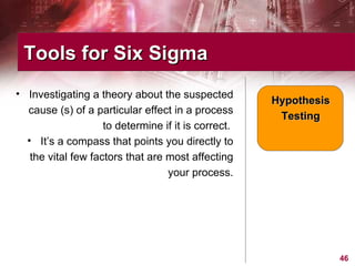 Investigating a theory about the suspected cause (s) of a particular effect in a process to determine if it is correct.  It’s a compass that points you directly to the vital few factors that are most affecting your process. Tools for Six Sigma  Hypothesis Testing 