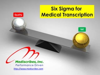 Six Sigma for
Quality                 Medical Transcription

                                       TAT




http://www.mediscribes.com
 