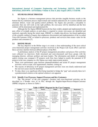 International Journal of Computer Engineering and Technology (IJCET), ISSN 0976-
6367(Print), ISSN 0976 – 6375(Online) Volume 4, Issue 4, July-August (2013), © IAEME
477
3. SIX SIGMA DMAIC PROCESS
Six Sigma is a business management process that provides tangible business results to the
bottom line by continuous process improvement and variation reduction [5]. It is used to identify and
eliminate defects, waste and quality-control problems. Six Sigma also provides a discipline to
guarantee that one will work on the right problem, the root-cause will be identified and the best
solution will be determined and implemented [6].
Although the Six Sigma DMAICframework has been widely adopted and implemented in the
past, effort of in-depth analysis at each phase is required to ensure root-causes are identified and
analyzed, especially during the initial stage. DMAIC is a highly data-driven, fact-based application
of the scientific method of inquiry that emphasizes discernment and implementation of the so-called
Voice-Of-Customer (VOC as related to processes, products and services) that creates value for the
products and consumers [7].
3.1 DEFINE PHASE
The key objective in the Define stage is to create a clear understanding of the most critical
cross-functional project management activities involved in the Project Life Cycle (PLC) and how
these activities interfere between different phases of the PLC.
A preliminary analysis of the IT project management procedures and process flow activities
were collected via interviews (both structured and semi-structured) and focus groups with the
managing director, software architect and team leaders. The information and details of completed
and/or existing case company’s IT projects work flow have helped to justify the potential of IT
projects in the case company as a Six Sigma case study improvement project:
• There exist performance gaps between planned/scheduled and actual IT project management
activities; such as scope, user requirements, timeline, costing etc.
• The reasons of deficiency in IT project management activities were not clearly understood and
the real root-causes must be identified.
• To-date, there is no significant effort being launched to bridge the “gap” and currently there isn’t
a predetermined solution or the optimal solution is not apparent.
3.1.1 Identify Core Processes, Support Processes and Key Customers
The “big picture” of the case company’s business and cross-functional activities can be
described in a broader view of its PLC through the Supplier-Input-Process-Output-Customer
(SIPOC) diagram, as shown in Table 1.
Table 1 SIPOC Diagram for the Case Company
Supplier Input Process Output Customer Requirement
• Printer
• Hardware
Vendor
• Software
Vendor
• Internet
Service
Provider
• Telco
Companies
• Network
Infrastructure
Supplier
• IT Knowledge-
based resources
• Project Schedule
• System
Requirement
Specification
• Software
• Hardware
• Network
• Internet
connection
• Contract
• Gathering User
Requirement
• Sign-off SRS
• Development of IT
Product / Services
• End Product Delivery
• Sign-off User
Acceptance Test
(UAT)
• User Training
• Implementation
• Maintenance (contract
basis)
• IT Software
• IT Hardware
• IT Services
• IT Support
• IT-related
Specification
• User Guide /
Manual
• Stakeholder
• Department
Head /
Manager
• IT Manager
• End-Users
• IT and non-IT
SMEs
• Signed-off SRS
• Approved Project
Schedule
• On-time Delivery
• Within Budget
• Fulfilling and
Delivering user
requirements
• Signed-off UAT
 