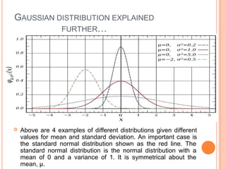 GAUSSIAN DISTRIBUTION EXPLAINED
FURTHER…
 Above are 4 examples of different distributions given different
values for mean and standard deviation. An important case is
the standard normal distribution shown as the red line. The
standard normal distribution is the normal distribution with a
mean of 0 and a variance of 1. It is symmetrical about the
mean, μ.
 