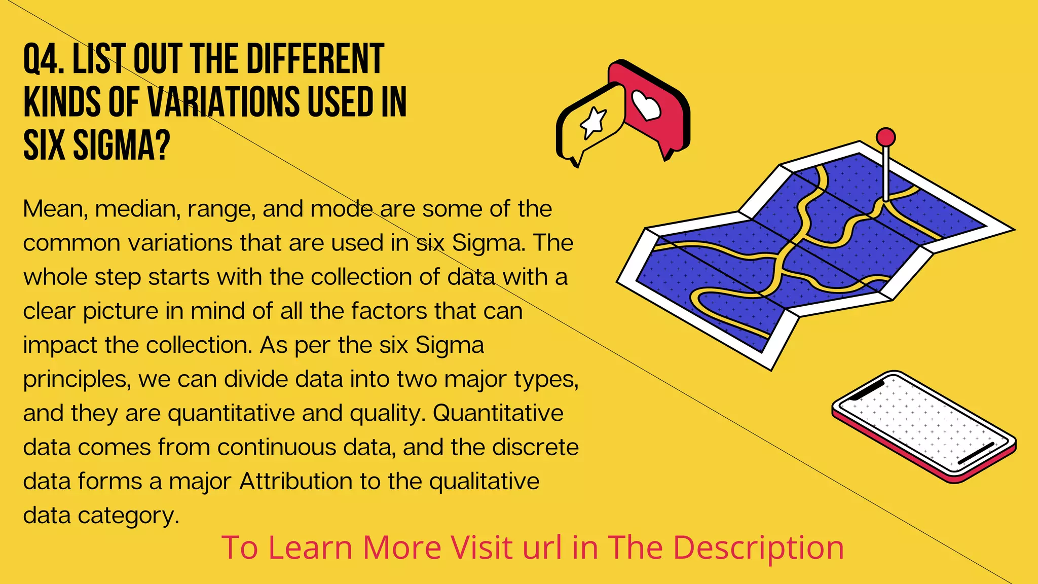 Q4. List out the different
kinds of variations used in
six Sigma?
Mean, median, range, and mode are some of the
common variations that are used in six Sigma. The
whole step starts with the collection of data with a
clear picture in mind of all the factors that can
impact the collection. As per the six Sigma
principles, we can divide data into two major types,
and they are quantitative and quality. Quantitative
data comes from continuous data, and the discrete
data forms a major Attribution to the qualitative
data category.
To Learn More Visit url in The Description
 