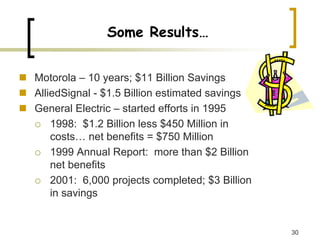30
Some Results…
„ Motorola – 10 years; $11 Billion Savings
„ AlliedSignal - $1.5 Billion estimated savings
„ General Electric – started efforts in 1995
{ 1998: $1.2 Billion less $450 Million in
costs… net benefits = $750 Million
{ 1999 Annual Report: more than $2 Billion
net benefits
{ 2001: 6,000 projects completed; $3 Billion
in savings
 