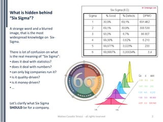 What is hidden behind
“Six Sigma”?

A strange word and a blurred
image, that is the most
widespread knowledge on Six-
Sigma.

There is lot of confusion on what
is the real meaning of “Six Sigma”:
• does it deal with statistics?
• does it deal with numbers?
• can only big companies run it?
• is it quality-driven?
• is it money-driven?
•…



Let’s clarify what Six Sigma
SHOULD be for a company.

                                 Matteo Casadio Strozzi - all rights reserved   2
 