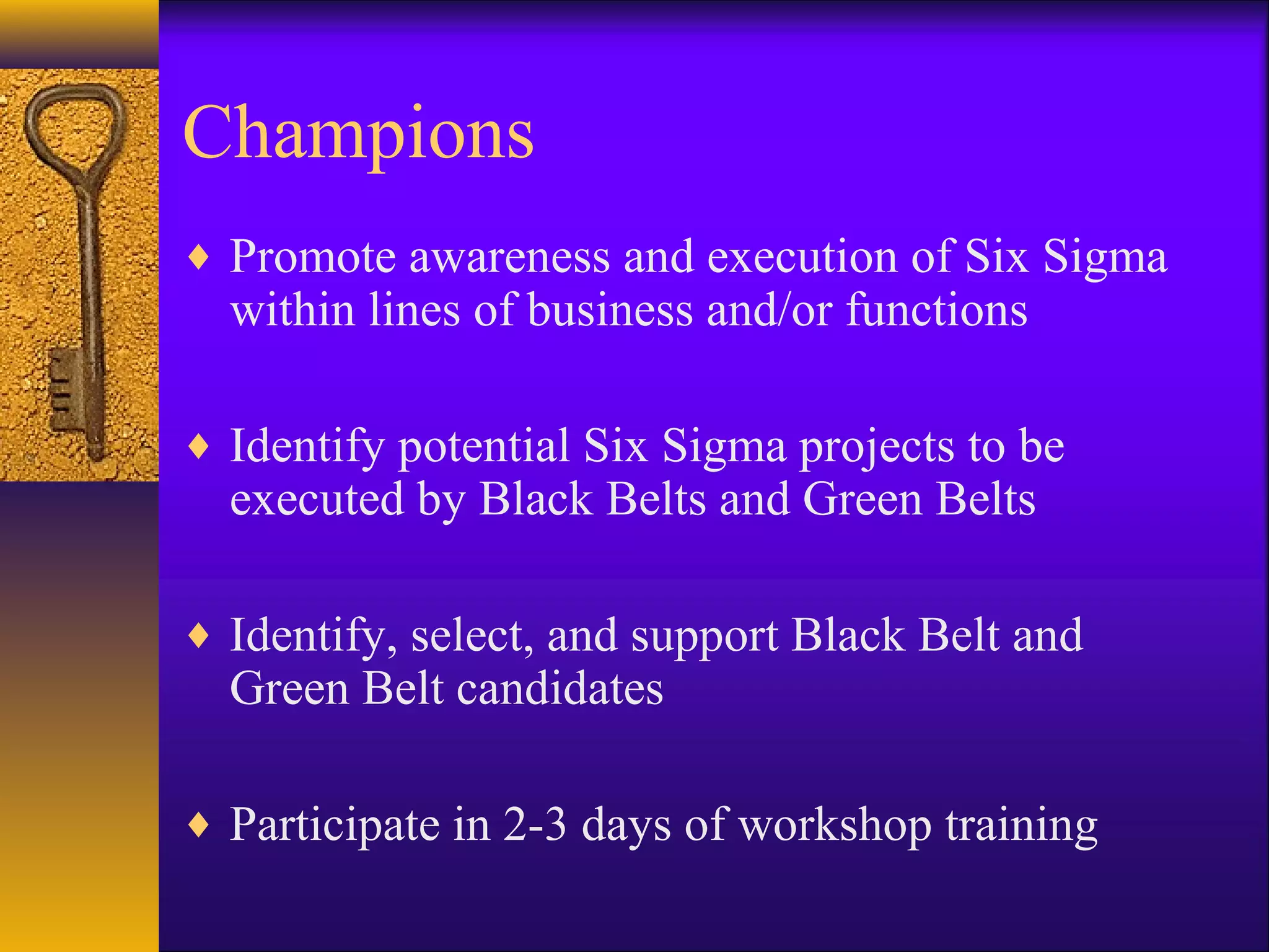 Champions
♦ Promote awareness and execution of Six Sigma
  within lines of business and/or functions

♦ Identify potential Six Sigma projects to be
  executed by Black Belts and Green Belts

♦ Identify, select, and support Black Belt and
  Green Belt candidates

♦ Participate in 2-3 days of workshop training
 