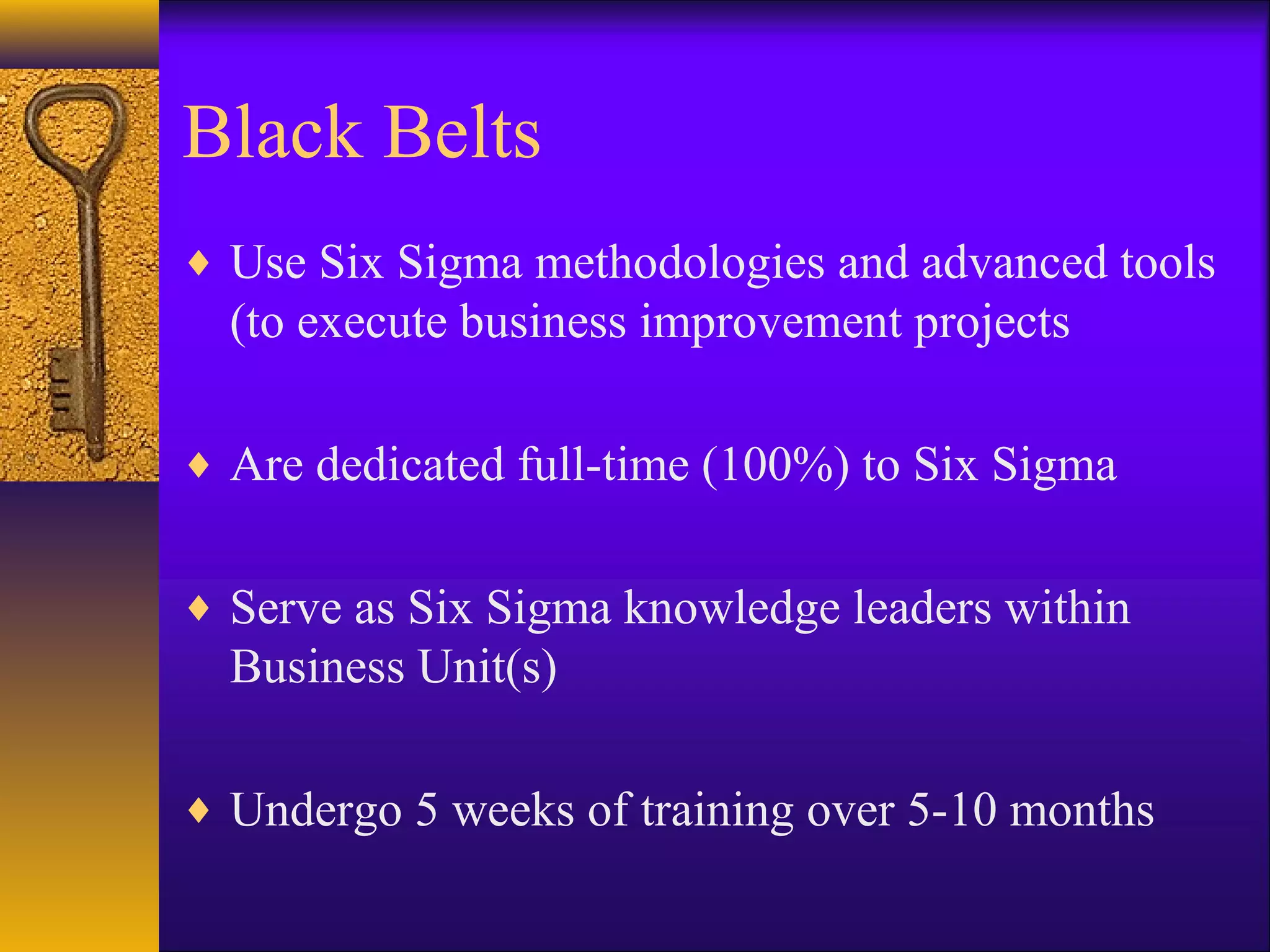 Black Belts
♦ Use Six Sigma methodologies and advanced tools
  (to execute business improvement projects

♦ Are dedicated full-time (100%) to Six Sigma


♦ Serve as Six Sigma knowledge leaders within
  Business Unit(s)

♦ Undergo 5 weeks of training over 5-10 months
 