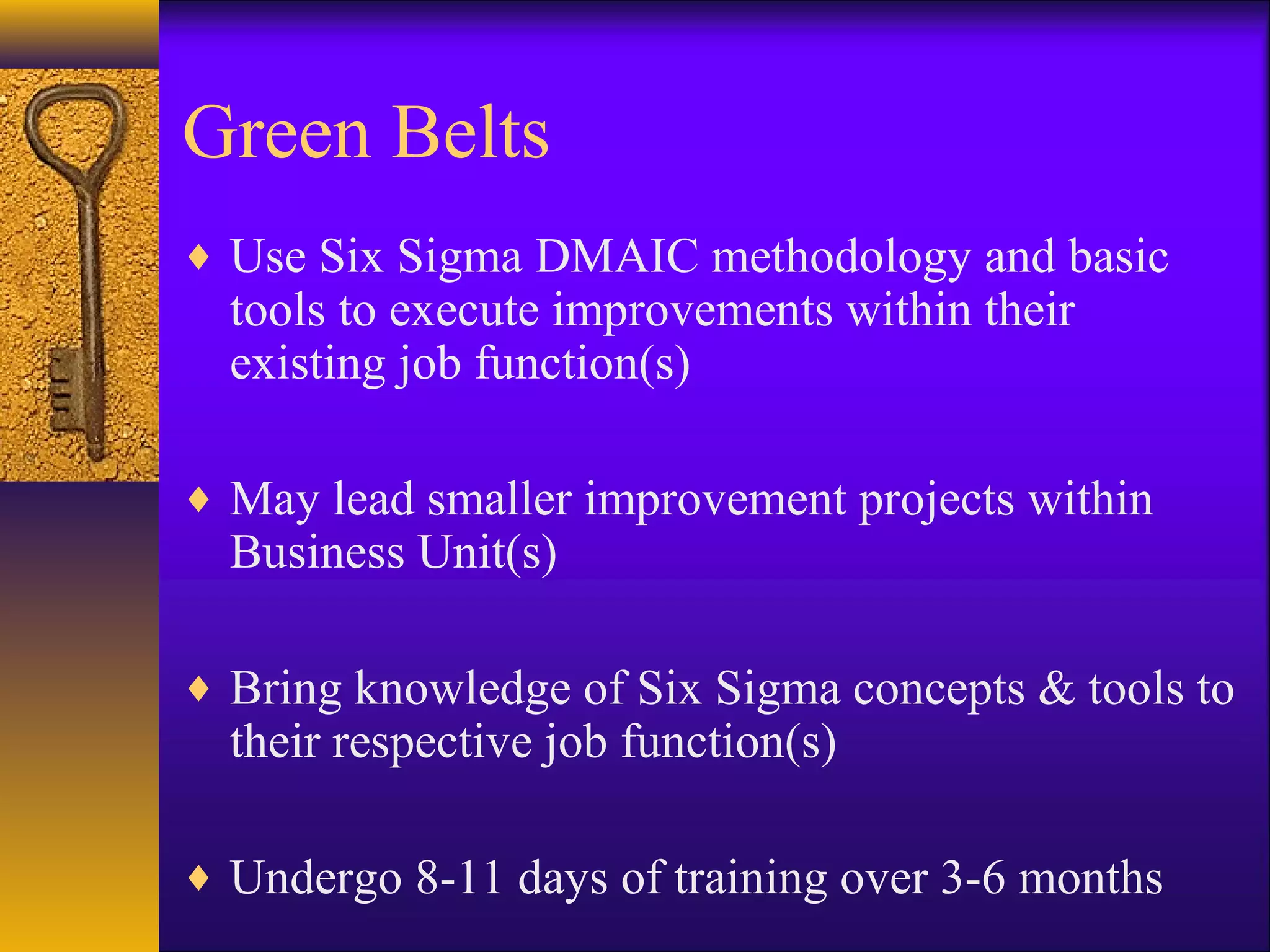Green Belts
♦ Use Six Sigma DMAIC methodology and basic
  tools to execute improvements within their
  existing job function(s)

♦ May lead smaller improvement projects within
  Business Unit(s)

♦ Bring knowledge of Six Sigma concepts & tools to
  their respective job function(s)

♦ Undergo 8-11 days of training over 3-6 months
 