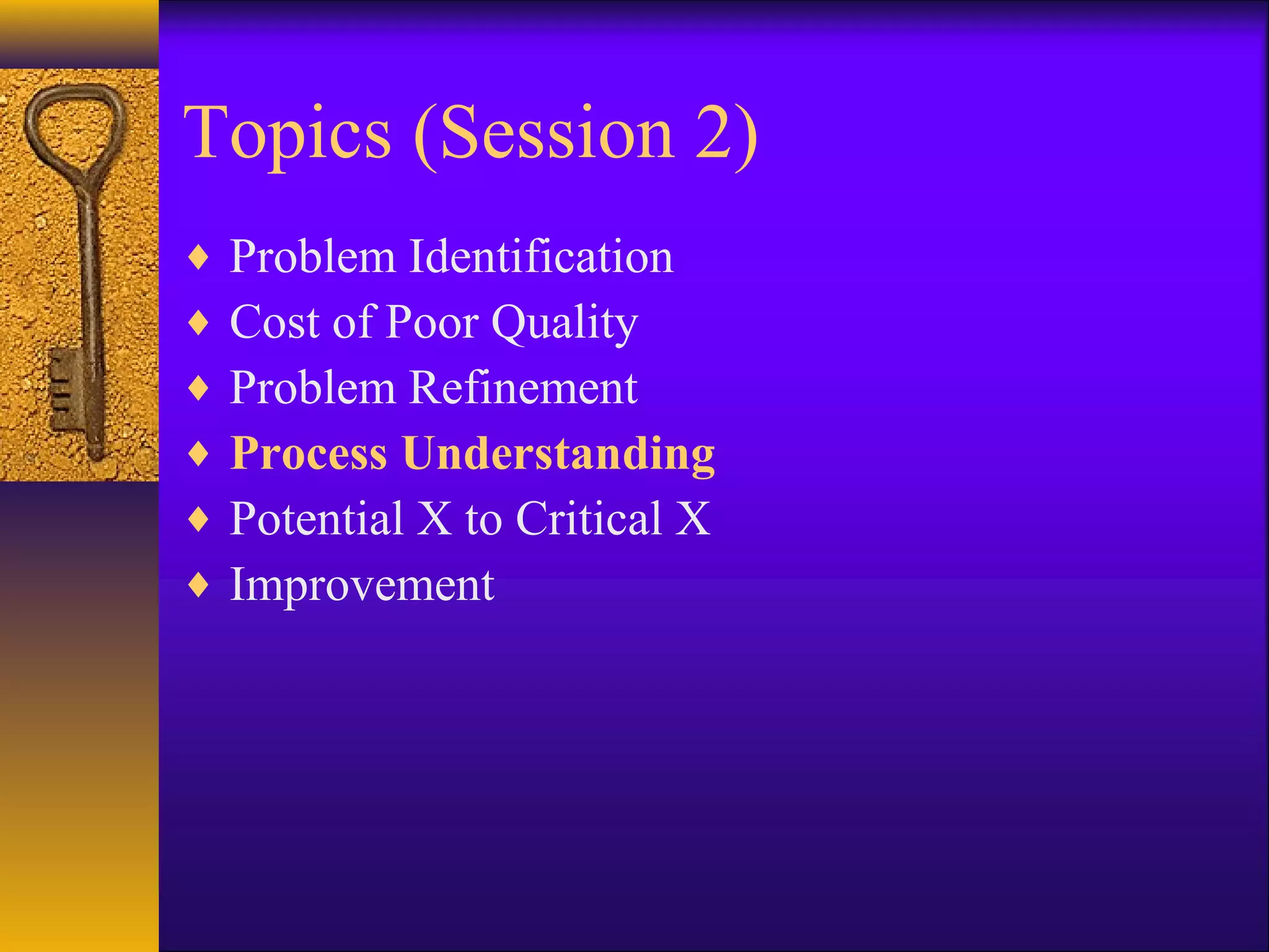 Topics (Session 2)
♦   Problem Identification
♦   Cost of Poor Quality
♦   Problem Refinement
♦   Process Understanding
♦   Potential X to Critical X
♦   Improvement
 
