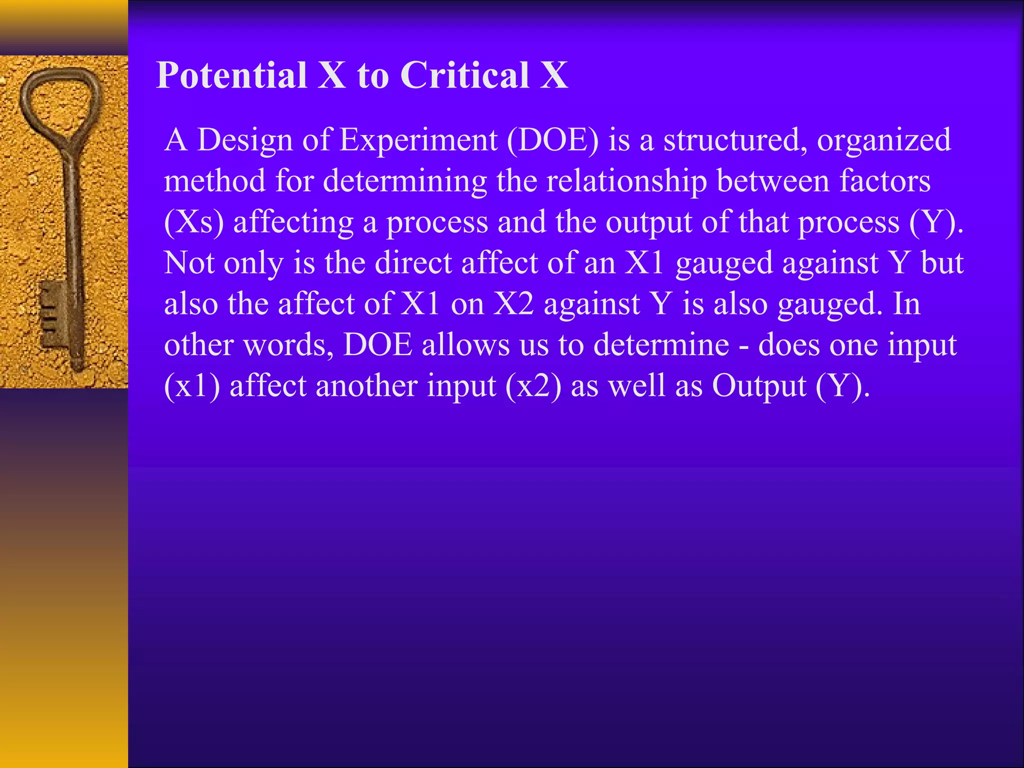 Potential X to Critical X
A Design of Experiment (DOE) is a structured, organized
method for determining the relationship between factors
(Xs) affecting a process and the output of that process (Y).
Not only is the direct affect of an X1 gauged against Y but
also the affect of X1 on X2 against Y is also gauged. In
other words, DOE allows us to determine - does one input
(x1) affect another input (x2) as well as Output (Y).
 