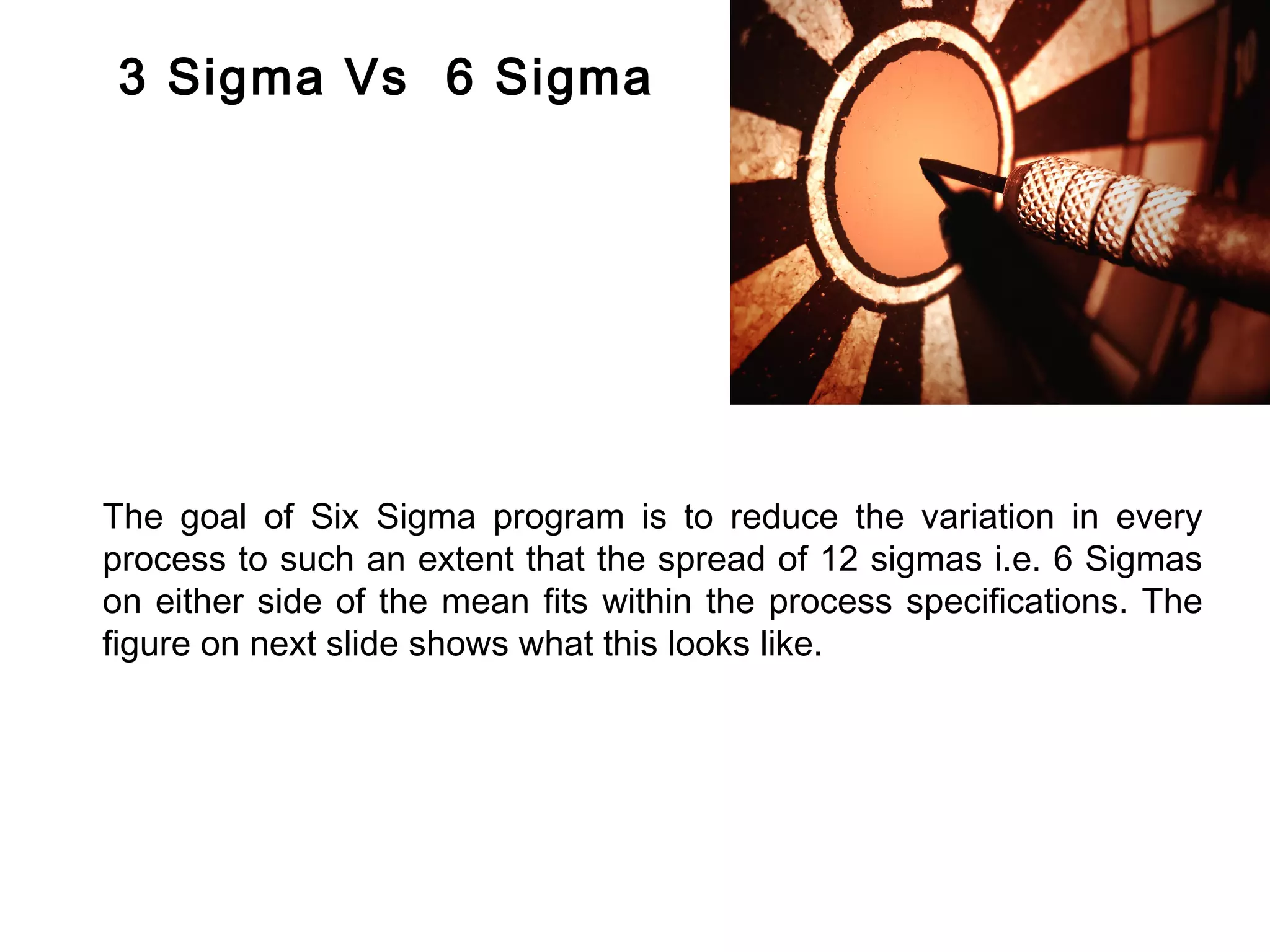 FICCI                                                                            CE


         3 Sigma Vs 6 Sigma




        The goal of Six Sigma program is to reduce the variation in every
        process to such an extent that the spread of 12 sigmas i.e. 6 Sigmas
        on either side of the mean fits within the process specifications. The
        figure on next slide shows what this looks like.
 